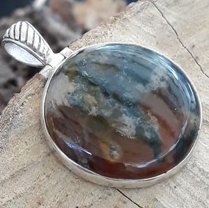 Green & Orange Moss Agate Round Silver Pendant